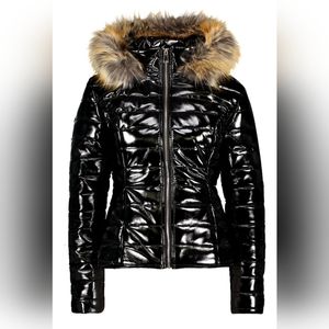 Boohoo Petite High Shine Faux Fur Trim Hooded Coat Size S New